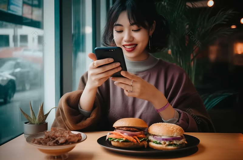 微笑的年轻亚洲妇女坐在餐厅窗口享受她的汉堡包午餐手机拍照社交实拍图,高清,摄影图,摄影图片,图片大全,摄影图免费下载